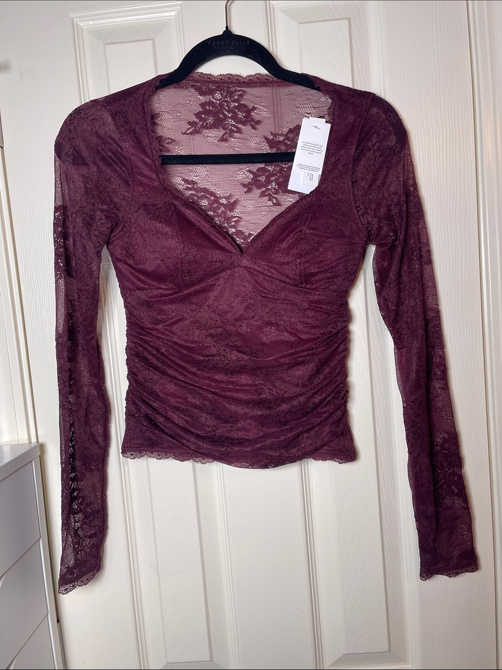 Abercrombie & Fitch Burgundy/Wine Lace V-Neck Ruched Long Sleeve Top